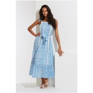 Roller Rabbit Mar Zarela Fit and Flare Midi Dress Blue White Cotton Size Large